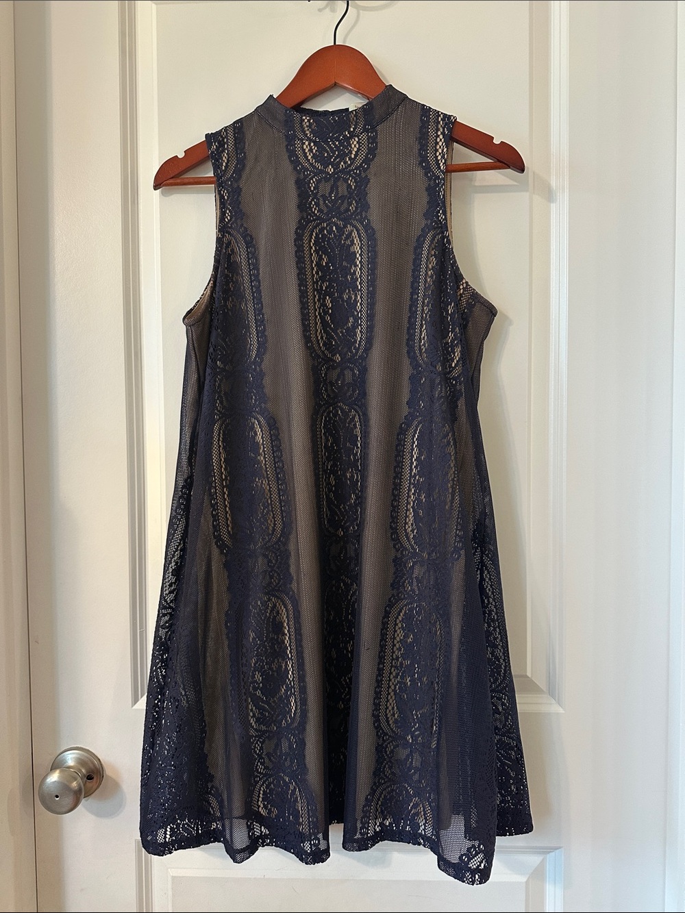 love, Fire Navy Lace High-Neck A-Line Dress